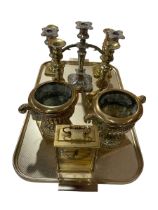 Pair 19th Century heavy brass urns, 16cm, antique brass candlesticks, London clock,