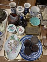 Tray of Oriental including blue and white plates, vases, brass, wooden stands, etc.