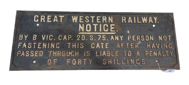 Cast iron Great Western Railway notice sign, 75cm by 28cm.