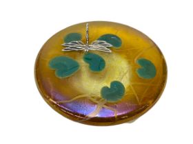 John Ditchfield Lily Pad paperweight with mounted silver dragonfly.