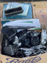 Box of assorted cameras, projector, etc.