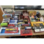Collection of model buses, model cars, Eddie Stobart truck, etc.