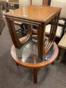 Sunelm teak nest of three table and circular glass inset top coffee table (2).