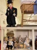 Clown figure, canework crib, soft toys, pottery figures, pair of Satsuma koro and covers, etc.