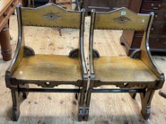 Pair Victorian aesthetic ash and ebonised hall chairs.