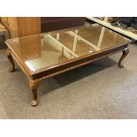 Chippendale style rectangular low centre table on cabriole legs, 42cm by 138cm by 67cm.