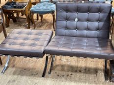 Brown buttoned leather Barcelona style chair and footstool.