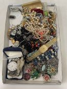 Box of costume jewellery, silver fob watch, etc.