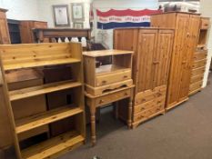 Collection of pine furniture to include two wardrobes, five drawer chest, dressing table, pedestal,