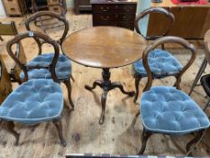 19th Century circular snap top supper table and set of four walnut cabriole leg parlour chairs.