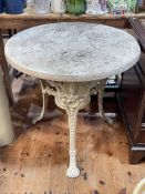 Circular cast base pub table with granite top, 74cm by 74cm diameter.