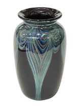 Okra glass vase dated 1987, 15.5cm.