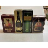 Four bottles of Cognac each boxed, Hine, Courvoisier, Remy Martin and Hennessy X.O.