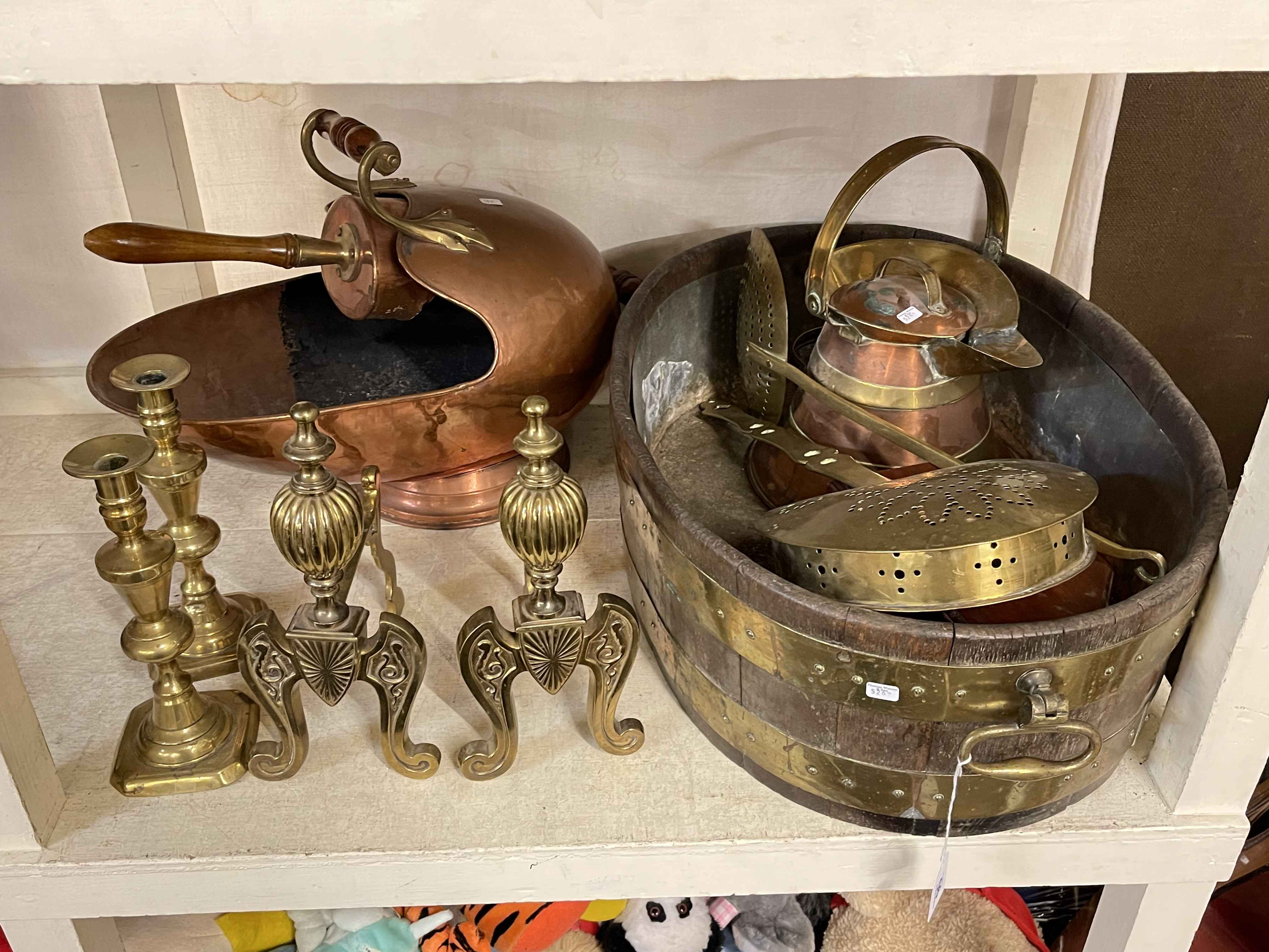 Copper coal scuttle with scoop, oak and brass bound coopered planter, pair of brass andirons,