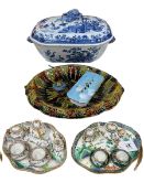 Oriental blue and white tureen and cover, Majolica dish 'Where Reason Rules the Appetite Obeys',