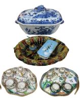Oriental blue and white tureen and cover, Majolica dish 'Where Reason Rules the Appetite Obeys',