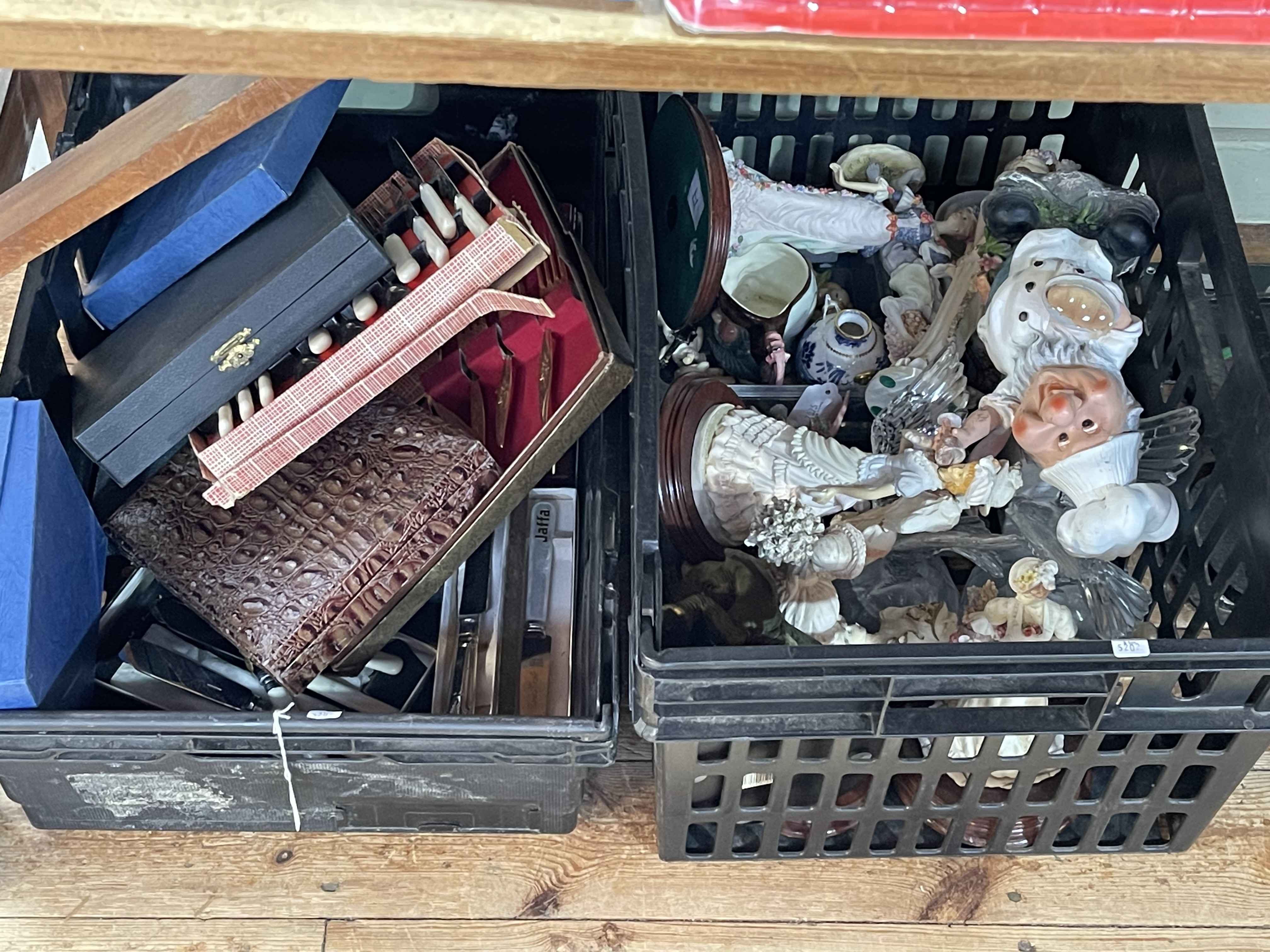Box of figurines, glass, and box of assorted cutlery.