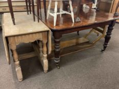 Victorian mahogany extending dining table and two leaves and stripped oak drop leaf dining table