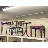 Neat Edwardian mahogany writing table, turned leg stool, tripod wine table,