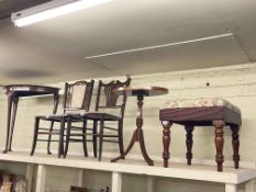 Neat Edwardian mahogany writing table, turned leg stool, tripod wine table,