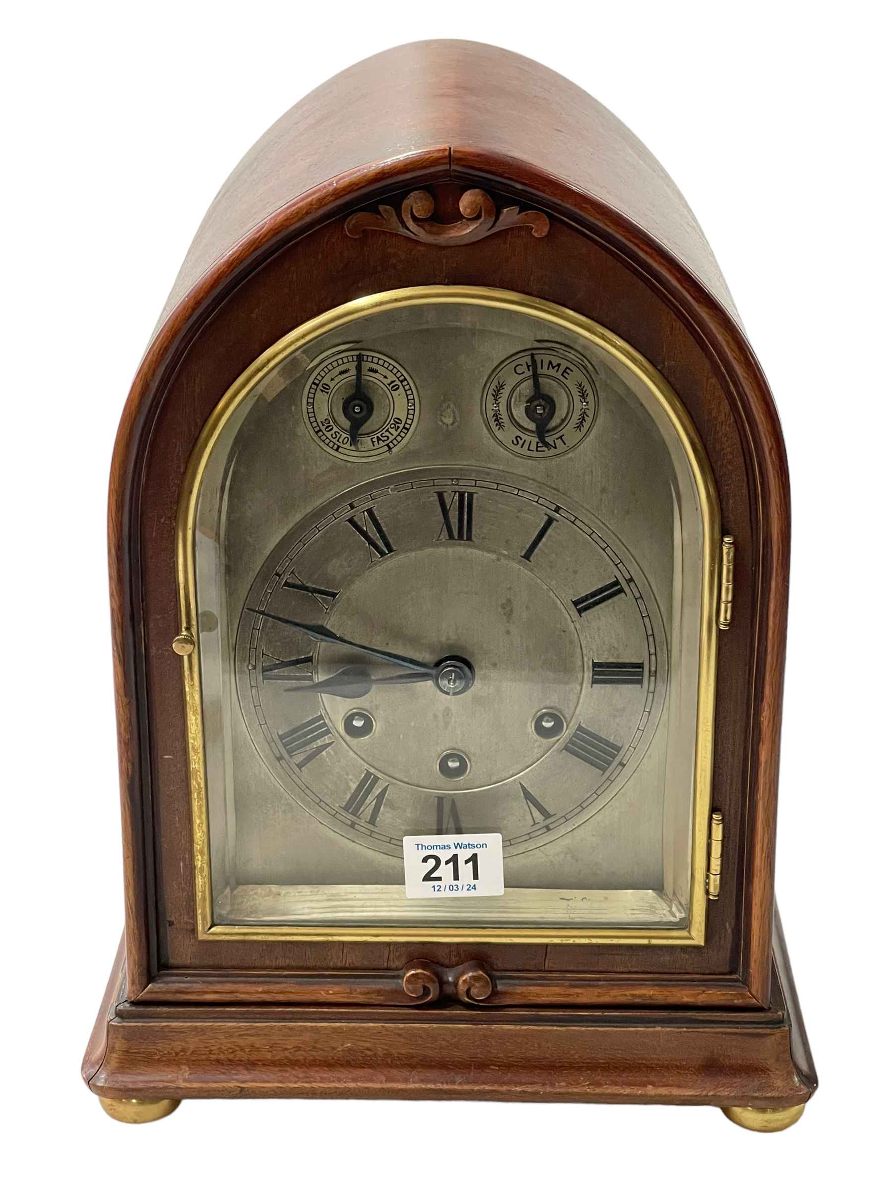 Mahogany Gustav Becker striking eight day mantel clock, 32cm high.