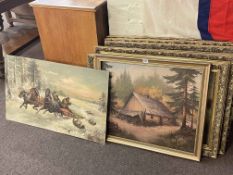 Collection of seven Russian oil paintings c1960-70 including landscapes, hunting scene, etc,