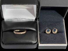 Ruby and diamond 10k gold ring, size Q/R, and pair of sapphire and diamond earrings (2).