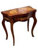 Continental inlaid fold top card table of serpentine form, 79cm by 79cm by 41cm.