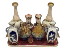 Pair of Doulton Lambeth vases and pair of bottles and small vase,