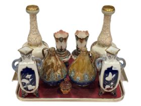 Pair of Doulton Lambeth vases and pair of bottles and small vase,
