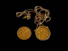 Two half sovereigns, 1908 and 1910, one with mount and chain.