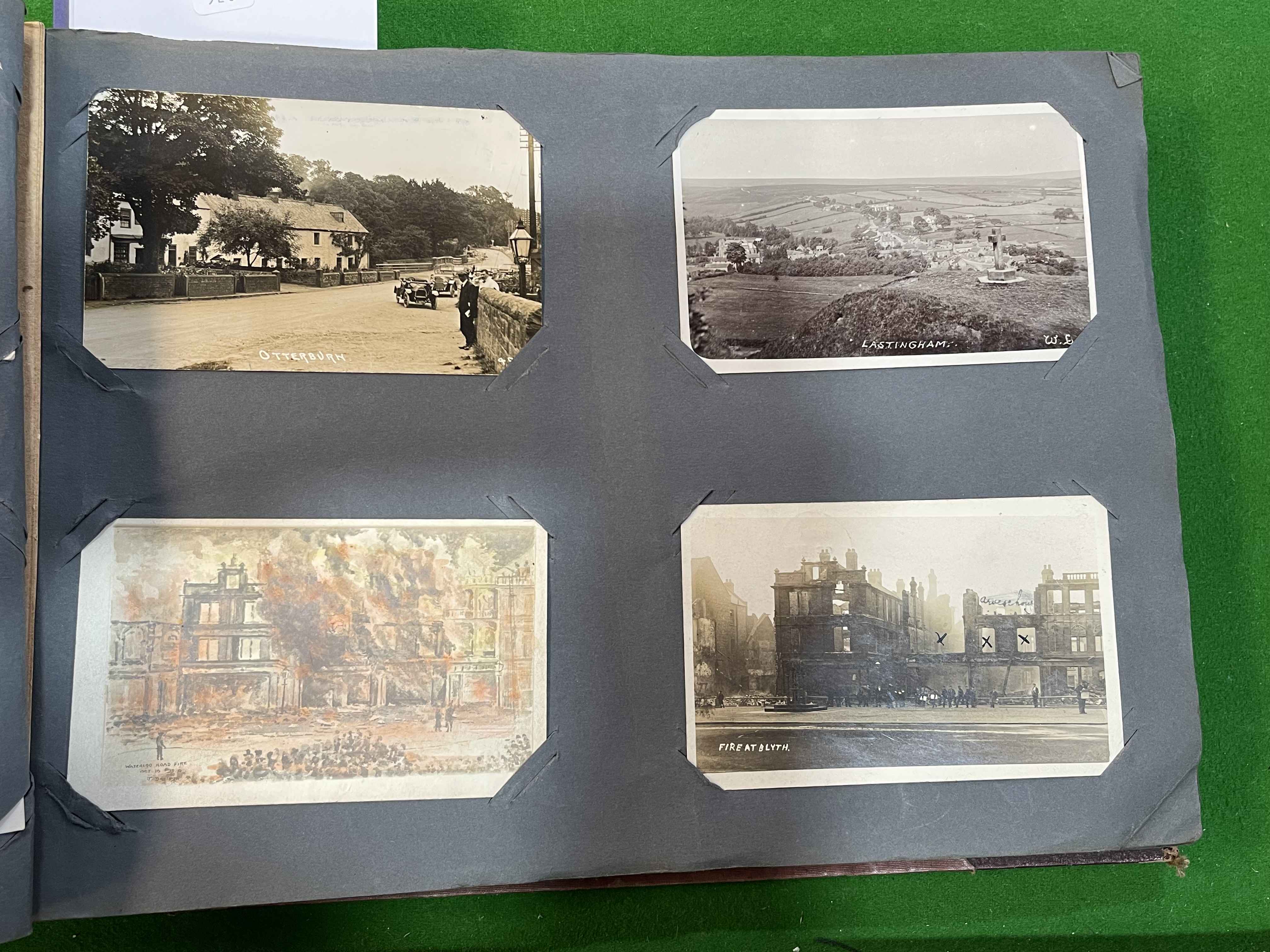 Collection of postcards inc Fire at Blyth, Temperance Hotel Kirkwhelpington, High St Pateley Bridge,
