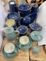 Collection of Denby Cottage Blue and Manor Green tableware.