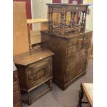 Rectangular oak nest of three turned leg tables, carved oak canted credence cabinet,