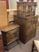 Rectangular oak nest of three turned leg tables, carved oak canted credence cabinet,