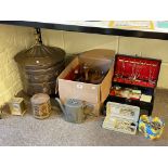 Collection of costume jewellery, metal wares, brass ornate coal bin, etc.