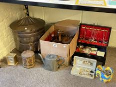 Collection of costume jewellery, metal wares, brass ornate coal bin, etc.