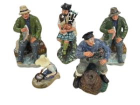 Collection of five Royal Doulton figures, A Good Catch x 2, Lobster Man, The Piper and River Boy.