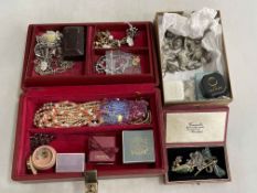 Jewellery box and contents, silver animals, etc.