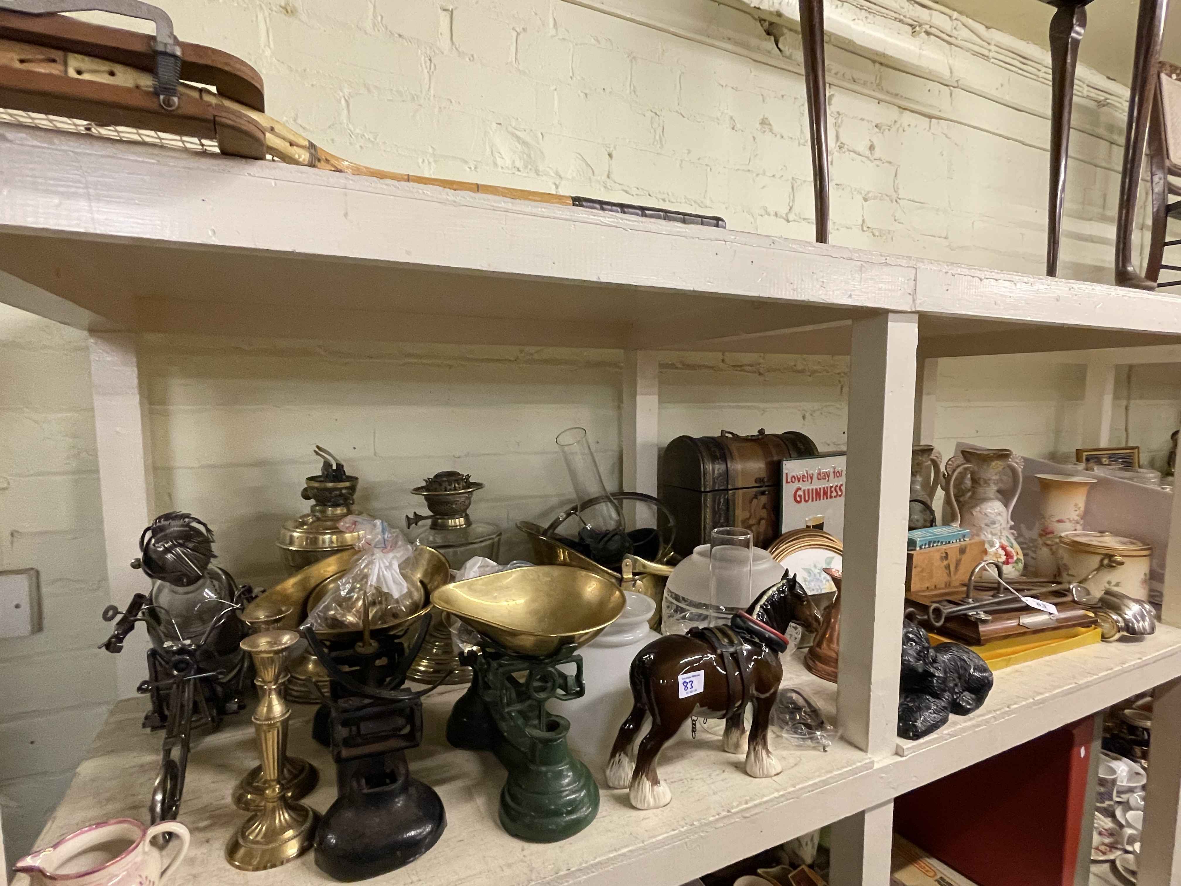 Two brass oil lamps, two sets of kitchen scales with bell weights, metalwares, pottery vases, etc. - Image 2 of 2