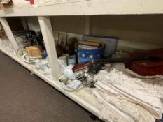 Assorted pictures, two guitars, bedspreads, glass, china, etc.