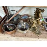 Large brass Marley Horse, copper and brass buckets, mantel clock, etc.