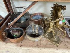 Large brass Marley Horse, copper and brass buckets, mantel clock, etc.