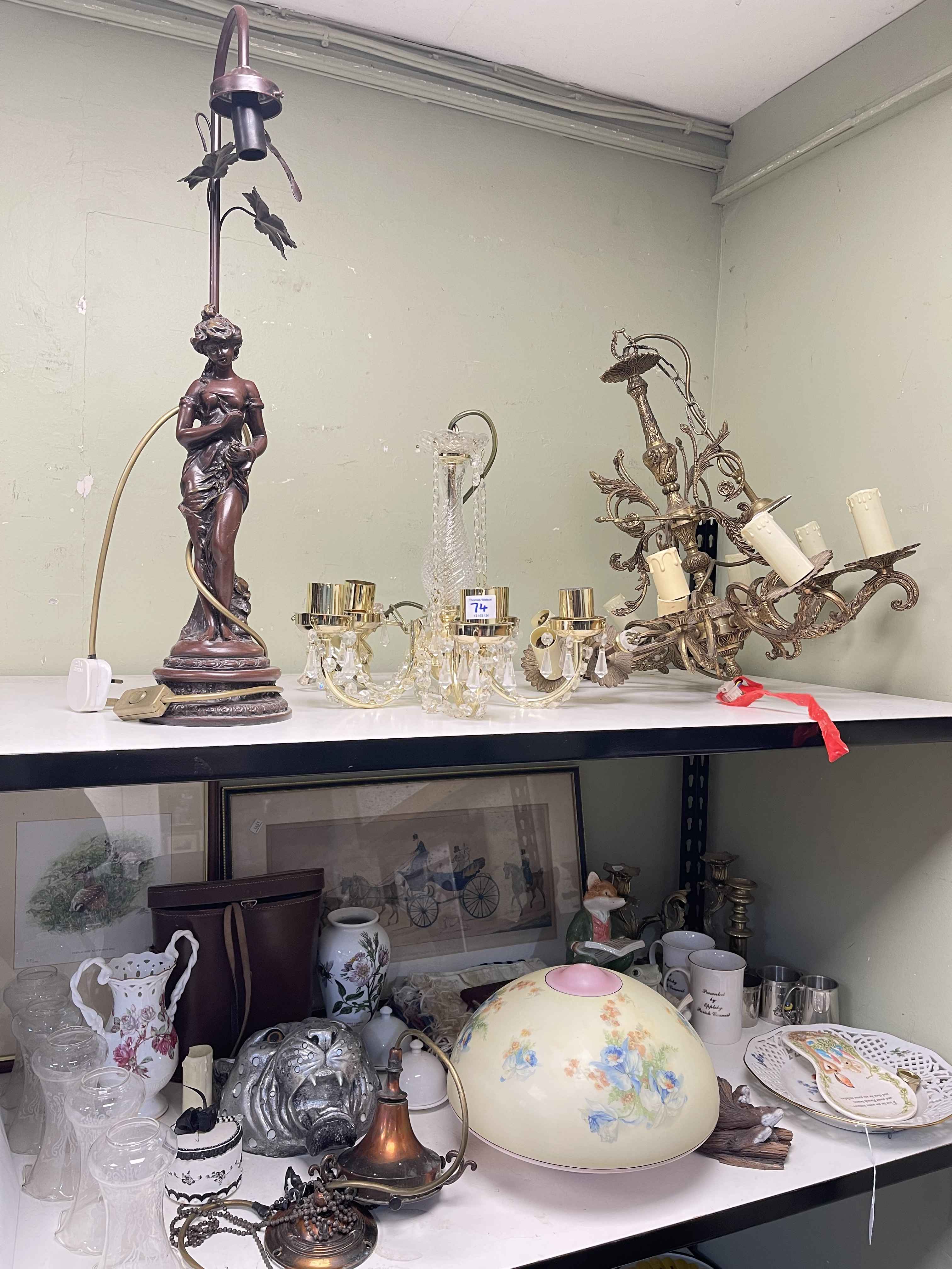 Figural table lamp, ceiling lights, Art Deco style glass shade, cased binoculars, porcelain, etc.