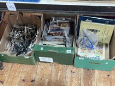 Box of postcards, cutlery, costume jewellery, books, etc.