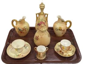 Collection of Royal Worcester Blush including two flat back jugs, pot pourri lidded vase,