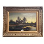 H Cole, Cottage by a Pond at Sunset, 19th Century oil on canvas, signed lower right, 39.5cm by 59.
