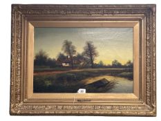 H Cole, Cottage by a Pond at Sunset, 19th Century oil on canvas, signed lower right, 39.5cm by 59.