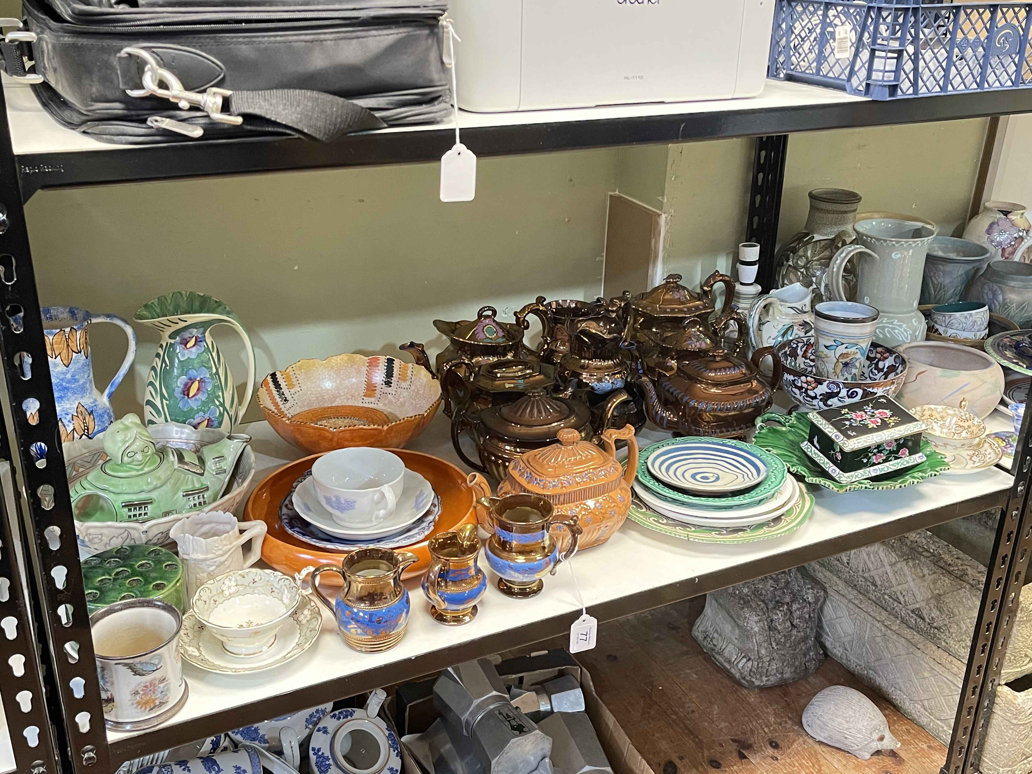 Collection of early porcelain, lustre teapots, decorative porcelain, Maling, Crown Ducal, etc.