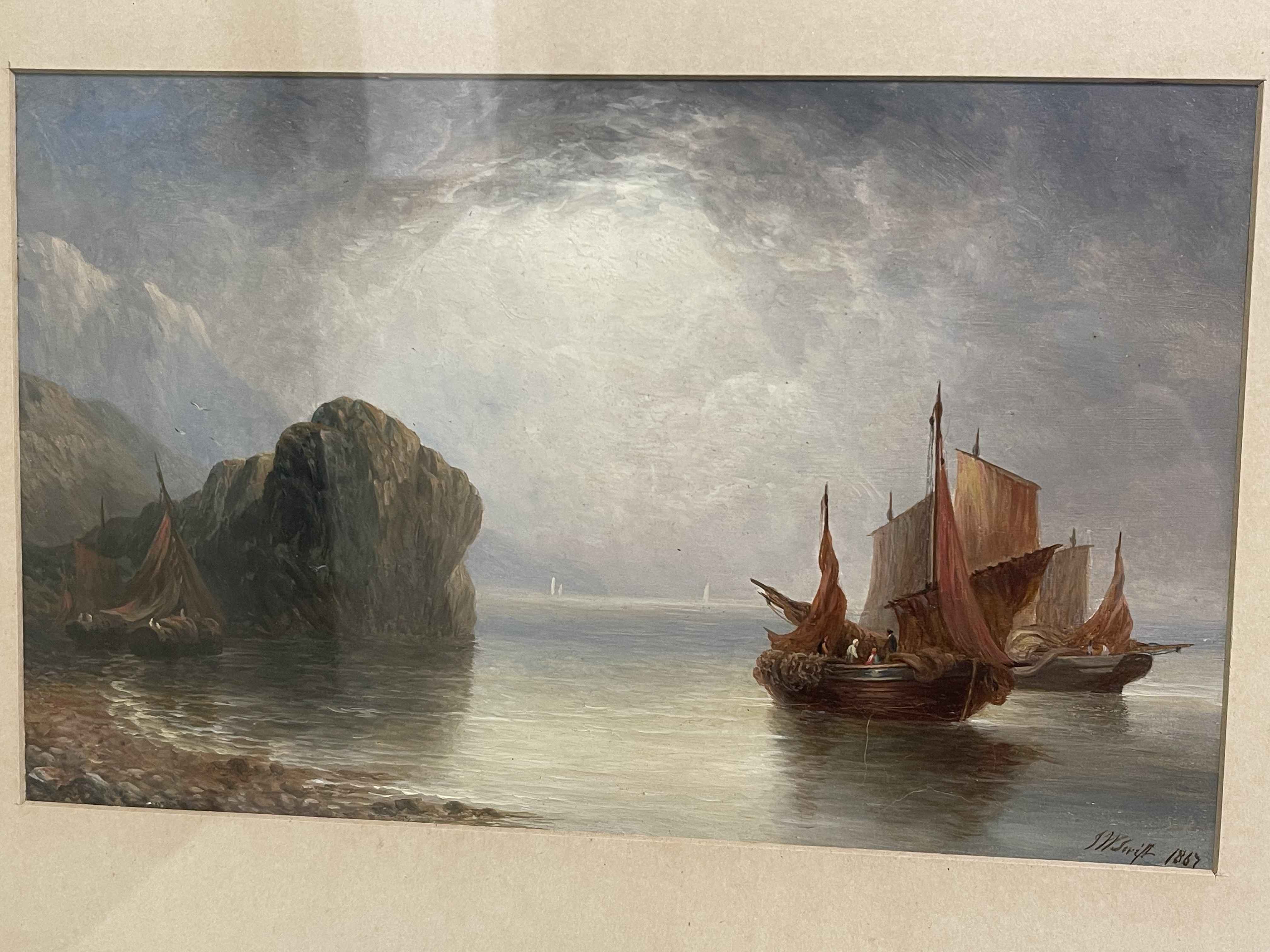 JW Swift 1815-1869, pair marine oils, both signed and one dated 1867, 16.5cm by 26. - Image 3 of 3